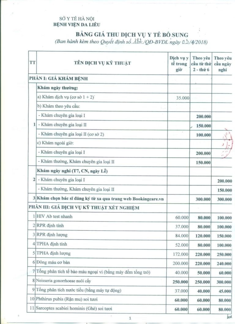 Giá dịch vụ khám chữa bệnh tại Bệnh viện Da liễu Hà Nội
