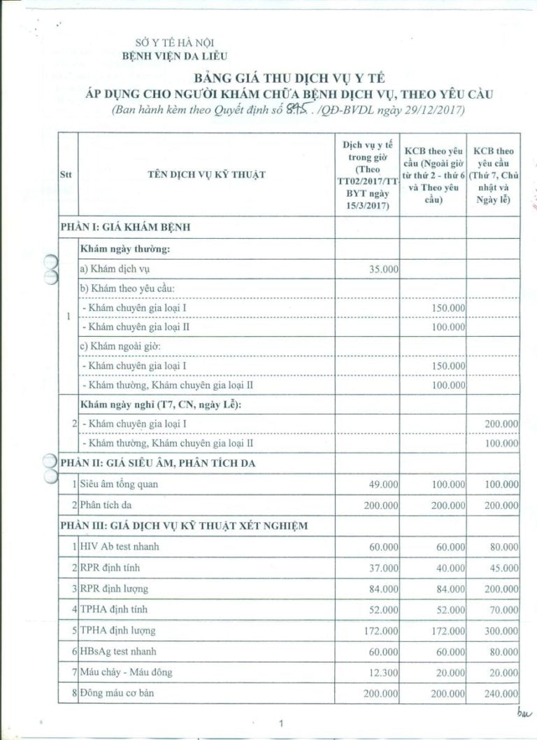 Giá dịch vụ khám chữa bệnh tại Bệnh viện Da liễu Hà Nội