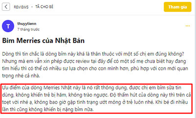 Mẹ thuyytienn nhận xét dùng bỉm Merries bé không bị hăm, không trào ngược, bỉm có độ thấm hút tốt.