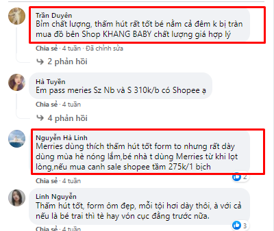 Dưới bài đăng, mẹ Trần Duyên, mẹ Hà Linh chia sẻ trải nghiệm hài lòng khi dùng sản phẩm.