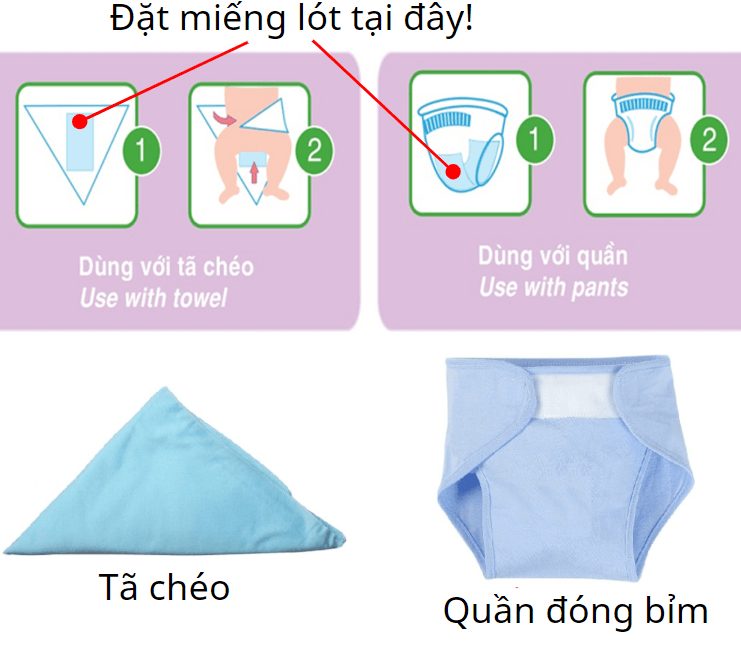 Dùng miếng lót sơ sinh với tã chéo và quần đóng bỉm