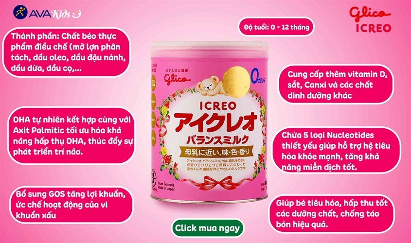 Sữa bột Glico Icreo số 0 vị thanh nhạt 800g (0 - 12 tháng)