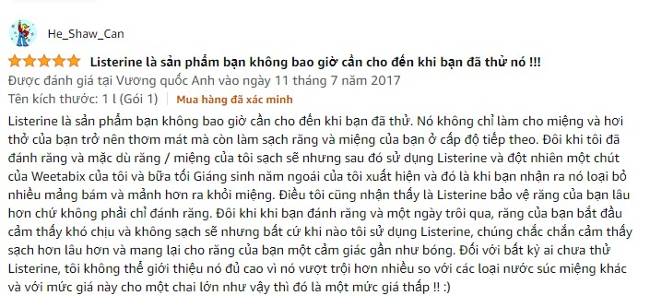 Sản phẩm nước súc miệng Listerine được đánh giá 5 sao tại Amazon