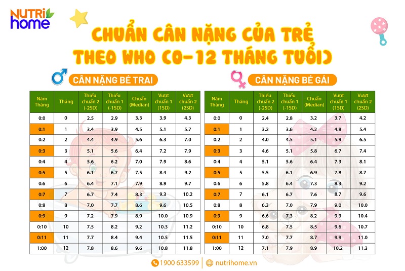 Bảng cân nặng tiêu chuẩn của trẻ 0 -12 tháng tuổi